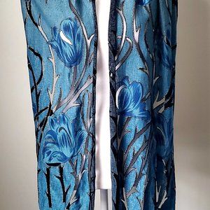Vintage Burnout Fringe Scarf Black & Blue Floral Vines Whimsigoth Boho Evening